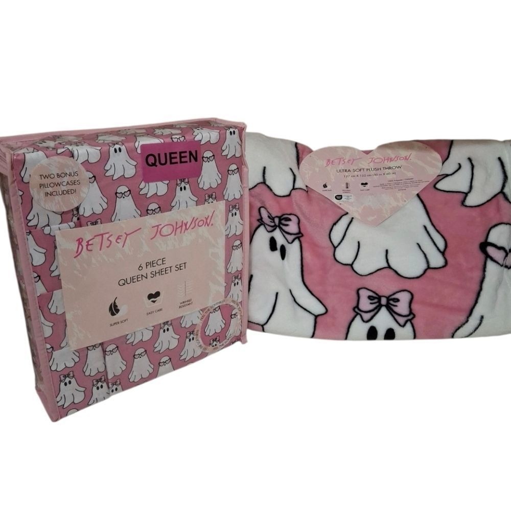 Betsey Johnson Halloween Ghost Queen Sheet 6pc & Soft Throw Blanket Set NEW